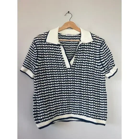 NEW Simkhai Spread Collar Short Sleeve Polo Shirt Midnight Stripe Size: XS - Picture 2 of 7